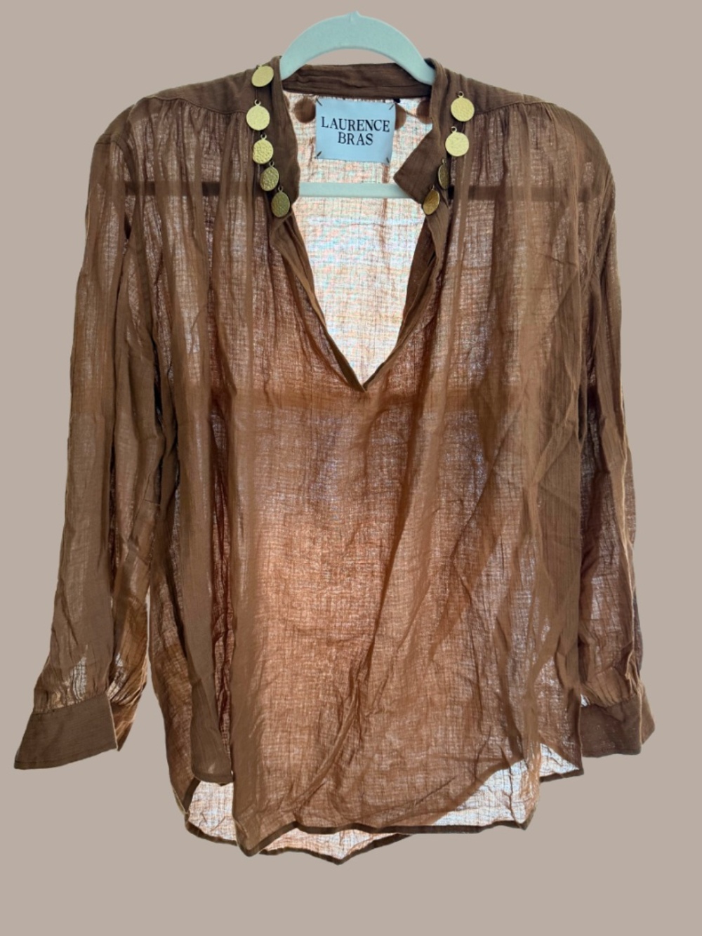 Laurence Bras Summer 2022 Tan 100% Cotton Blouse with Coin Accents 34